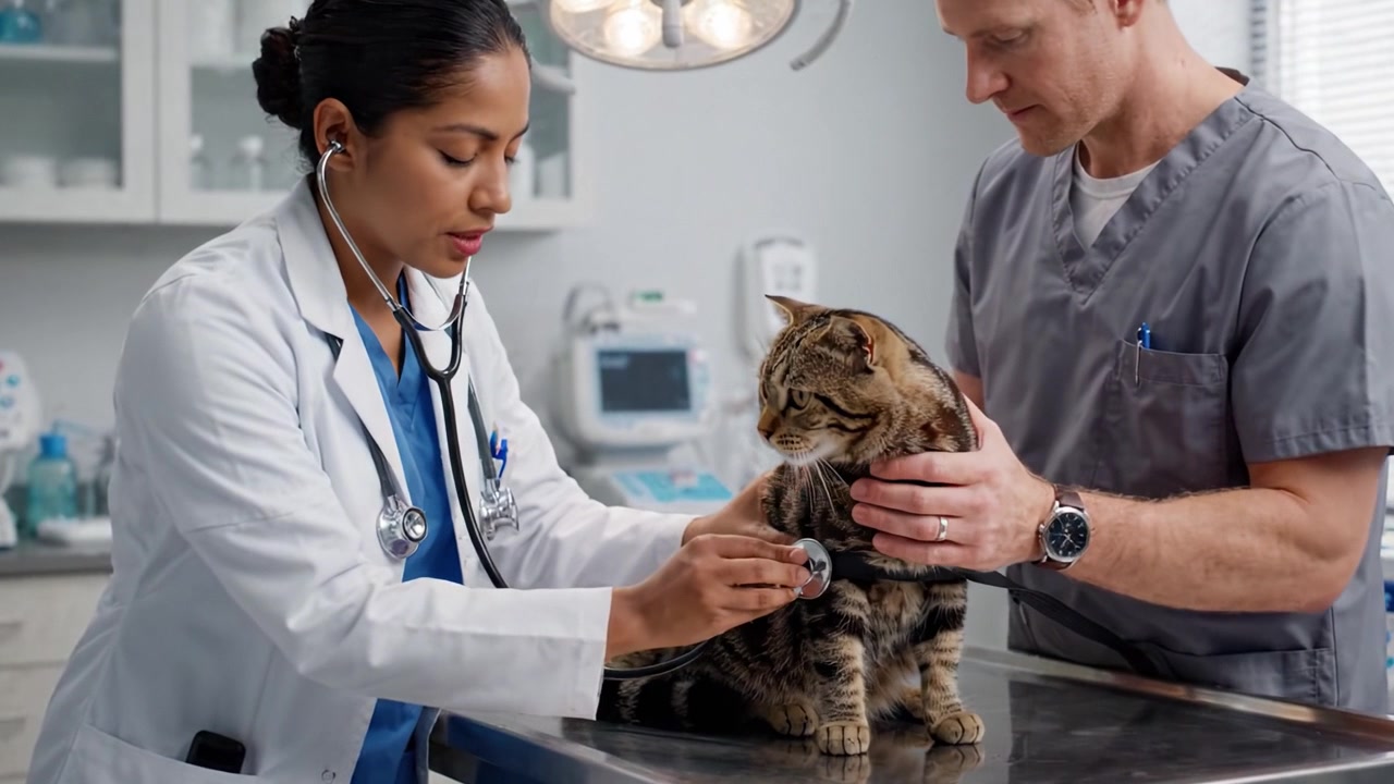 Dierenartsen voeren een grondige gezondheidscontrole uit bij een kat in een moderne kliniek, waarbij stethoscopen worden gebruikt voor een uitgebreid onderzoek