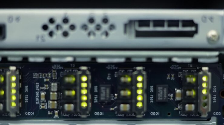 Close-Up of Electronic Components in a Device: Illuminated LED Indicators and Circuitry Detailing Key Functions and Connectivity Features