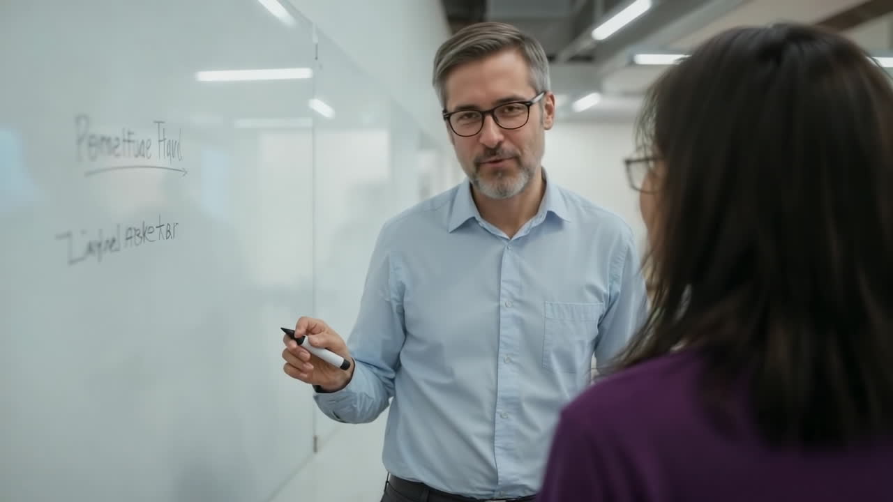 A man writing on a whiteboard during a discussion or presentation
