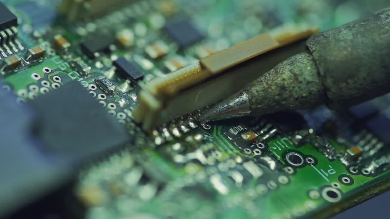 Soldering is done on the microchips in the factory with a soldering machine. electronic working hands.5.