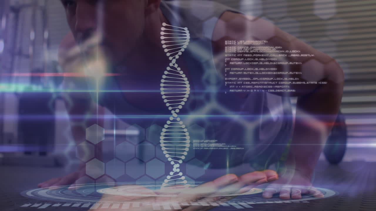 animación de la cadena de adn girando sobre el procesamiento de datos y ejercitando hombre fuerte
