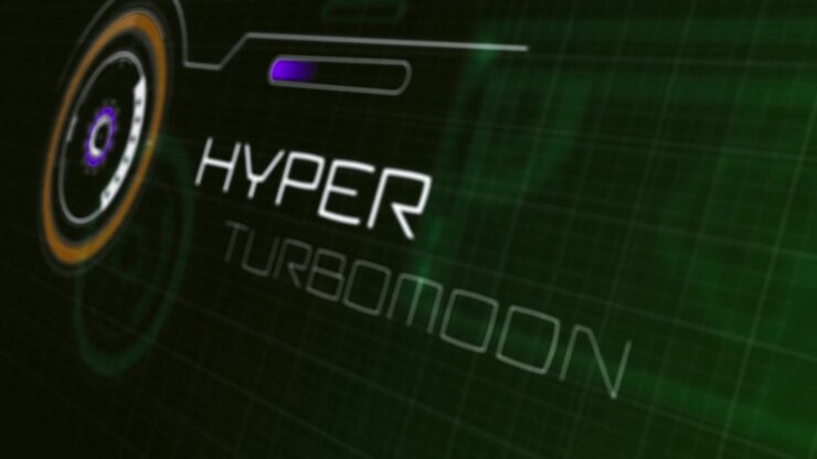 Starting orange ring rotating on green grid showing HP to HYPER TURBOMODE progress bar, copy space