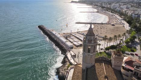 aerial views of sitges village nearby the coast of barcelona