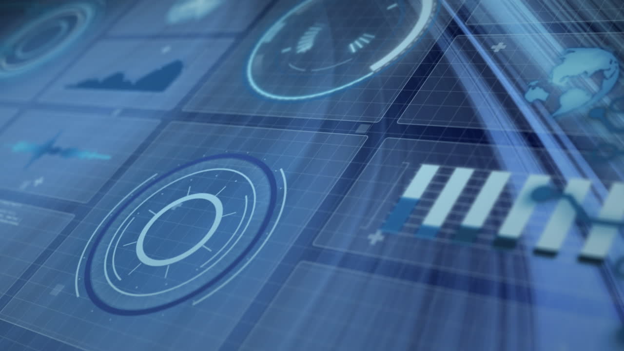 Animation of graphs, loading circles ang globe over wave pattern against abstract background