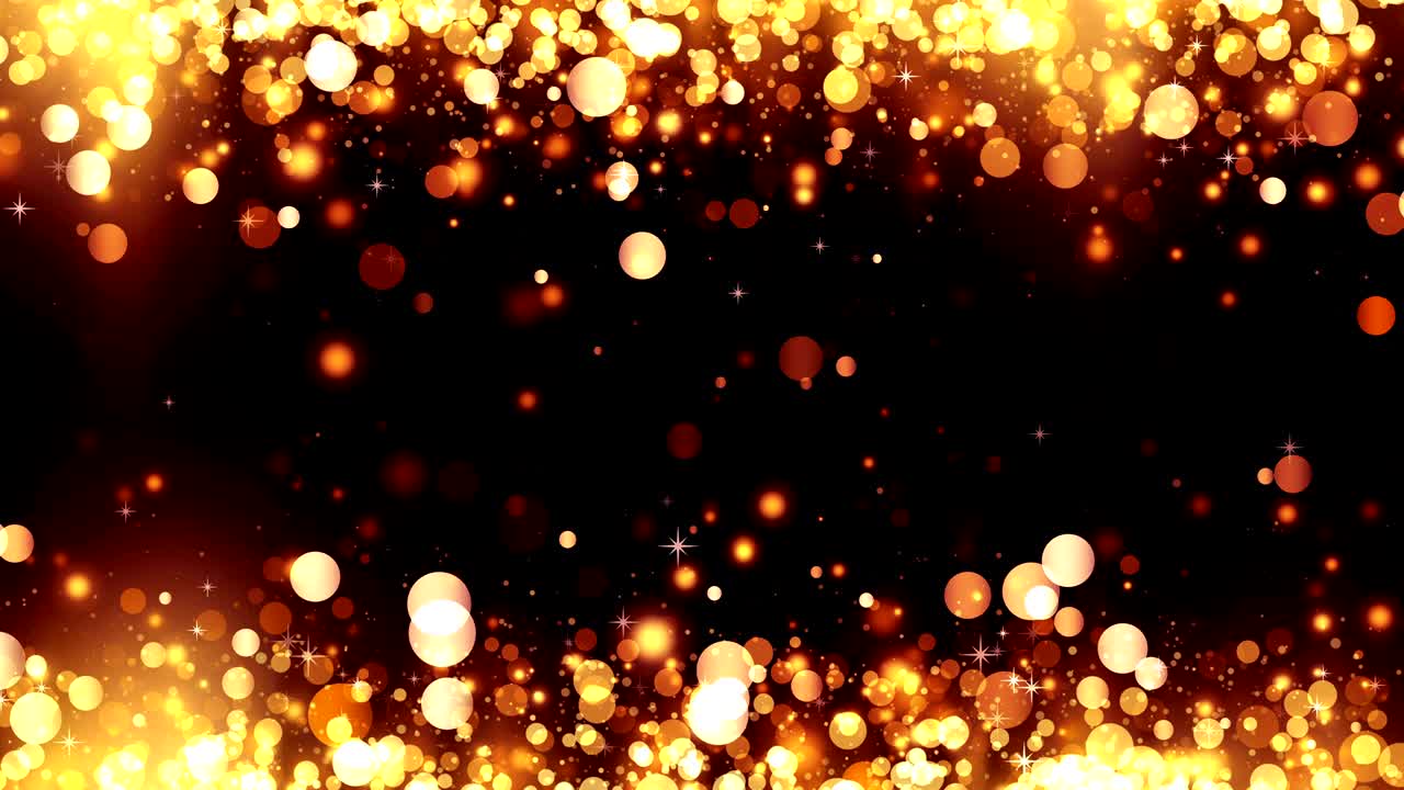 Hintergrund mit glänzenden goldenen Partikeln. Wunderschöner Bokeh-Lichthintergrund. Glitzernde Goldpartikel. Goldenes Konfetti mit magisch schimmerndem, funkelndem Licht. Nahtloser Loop.