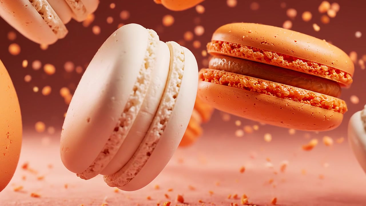 Levitating Orange and Cream Macarons with Scattered Cookie Crumbs