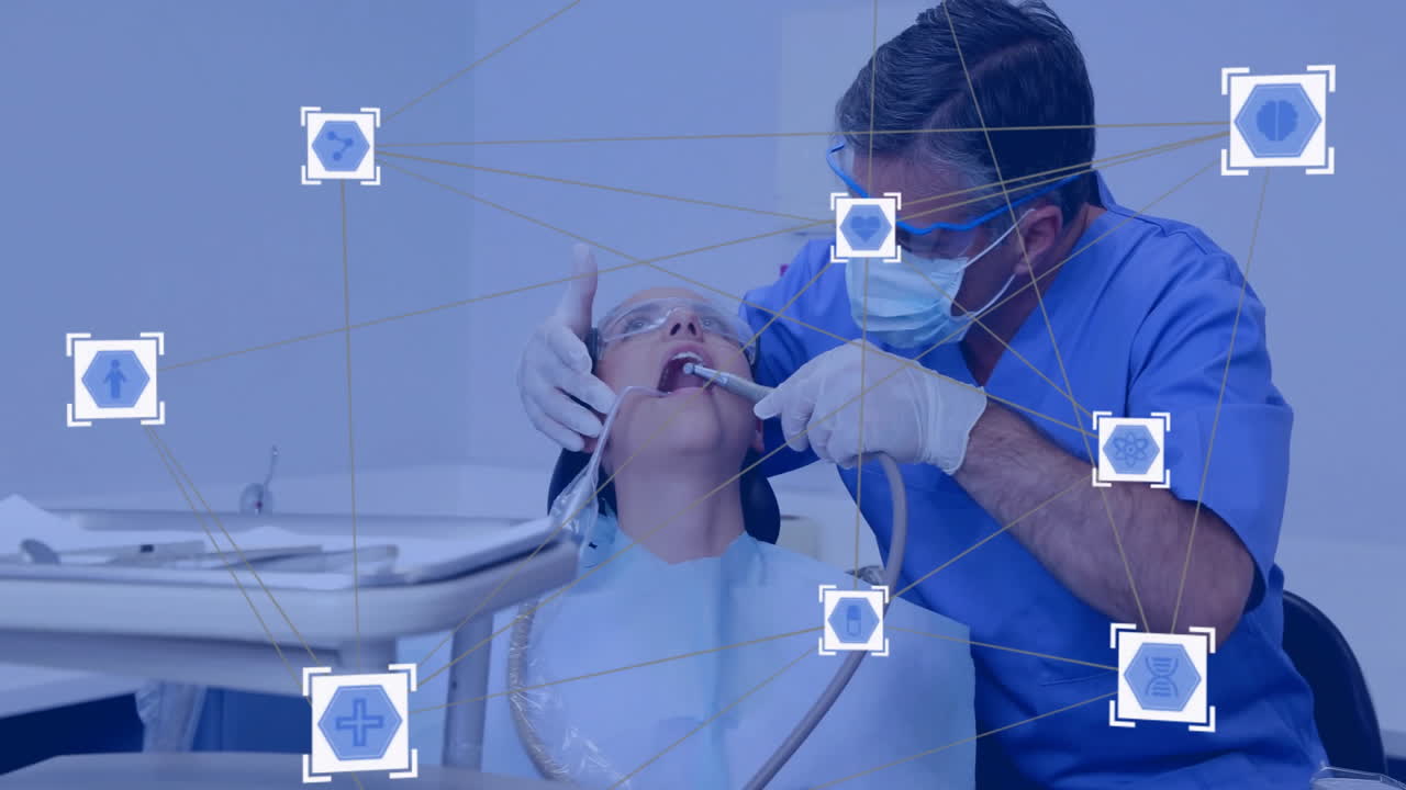 dentista tratando paciente com ferramentas dentárias, ícones médicos e sobreposição de animação de rede