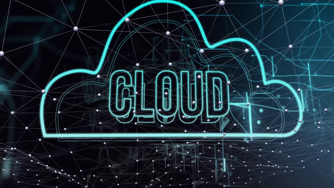 animación de texto en la nube, conexiones y procesamiento de datos.