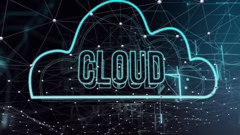 animación de texto en la nube, conexiones y procesamiento de datos.