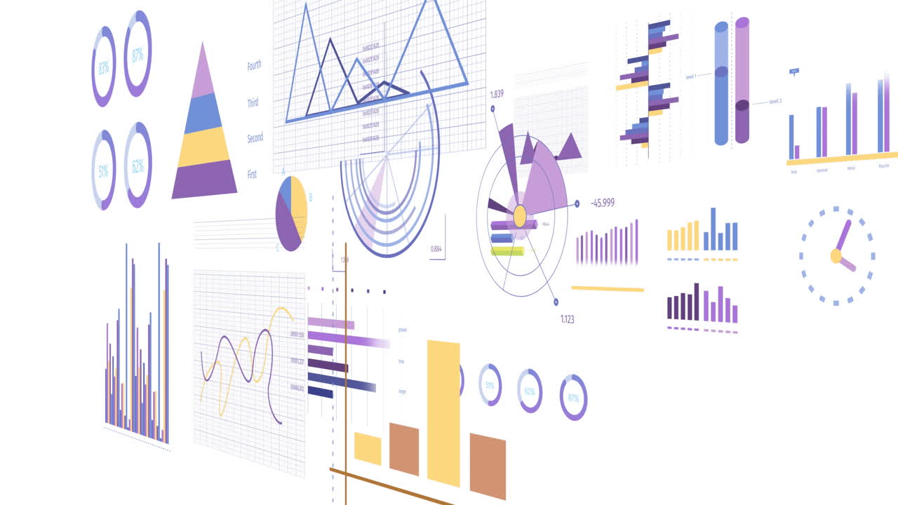 animación de estadísticas y procesamiento de datos financieros sobre fondo blanco