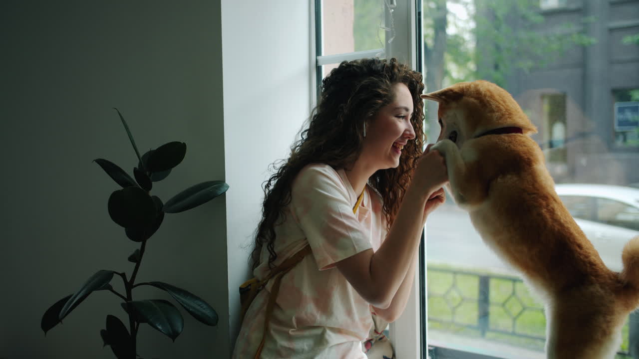 Woman and her Akita dog by the window