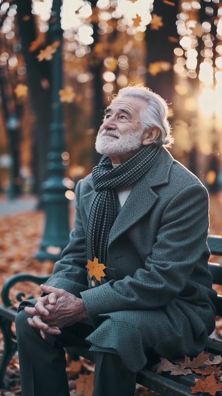 Anziano seduto su una panchina del parco in autunno