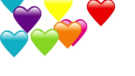 Animación-De-Grandes-Corazones-Emoji-De-Todos-Los-Colores-Que-Caen-Desde-Arriba-Hasta-Que-Se-Detienen-En-La-Parte-Inferior-Uno-Sobre-El-Otro,-Sobre-Un-Fondo-Blanco