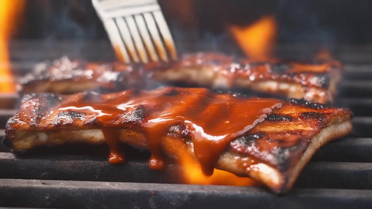 Spennellare costine di maiale alla griglia con salsa barbecue su fiamma viva