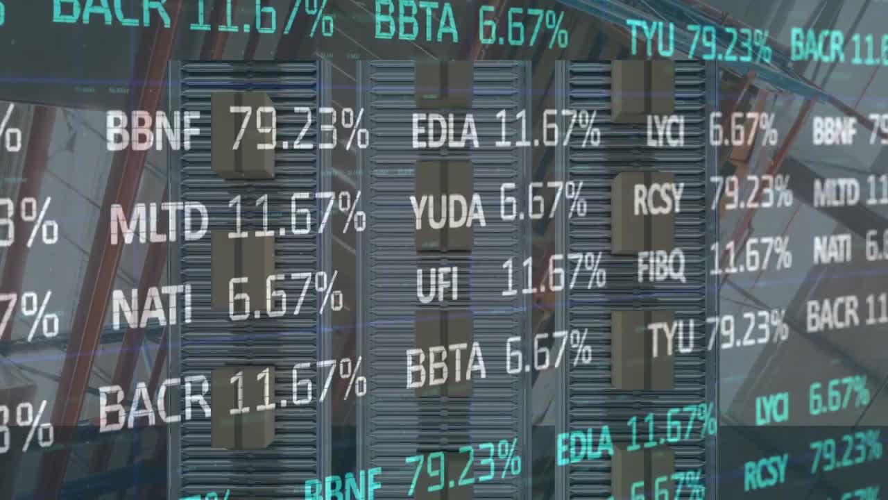 Animacja przetwarzania danych finansowych nad kartonowymi pudłami na taśmach przenośnikowych.