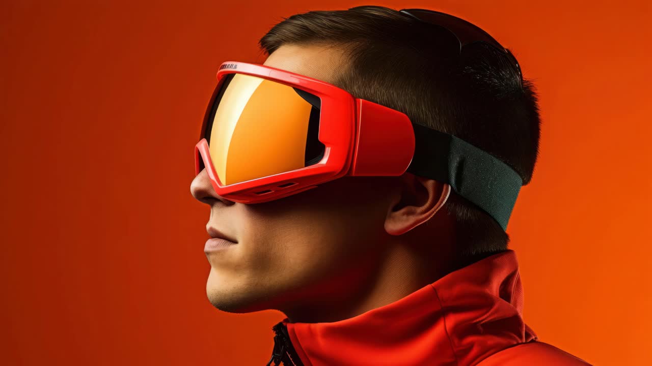 Close-up profile of a person wearing red ski goggles against an orange background, captured at eye