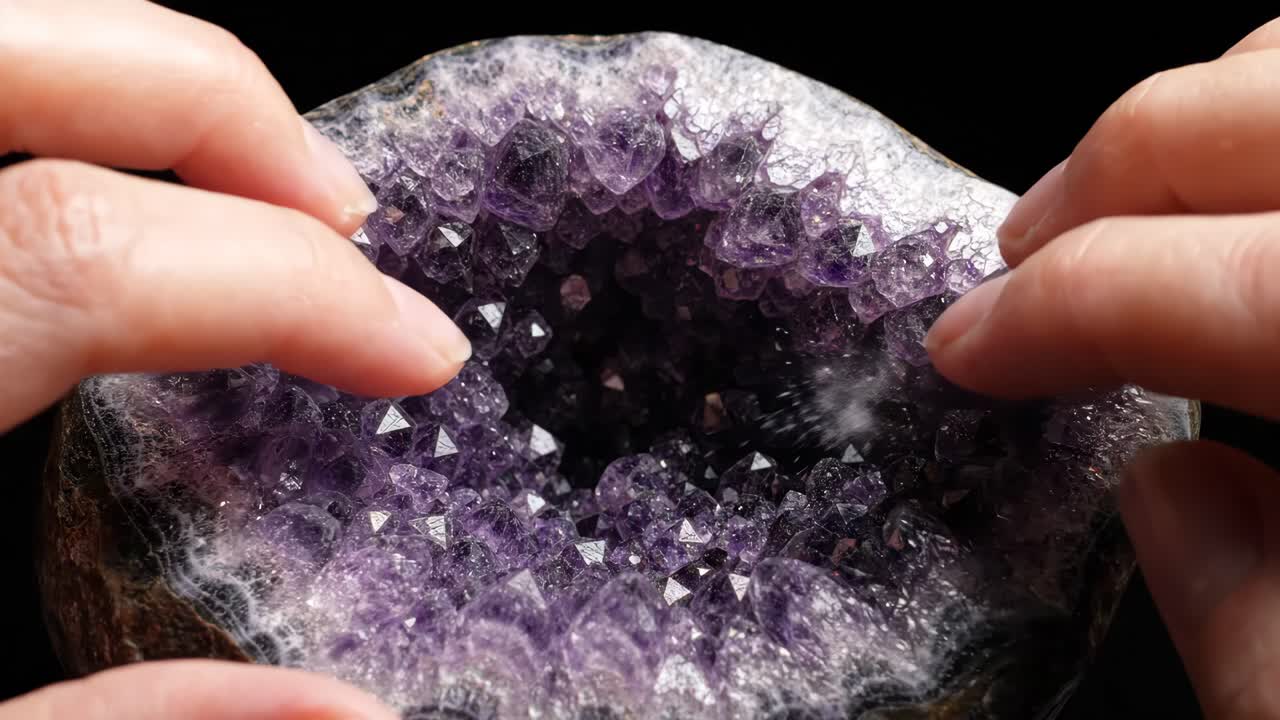 Mãos Tocando e Explorando um Geodo de Cristal de Ametista Roxa