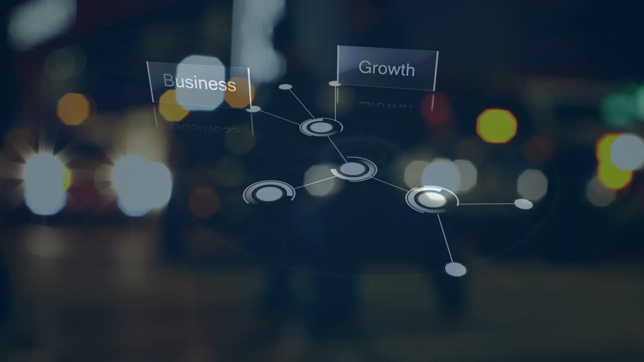 Animation of business text and network of connections over bokeh lights in city at night