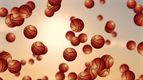 basketballs gracefully float against a sunset backdrop