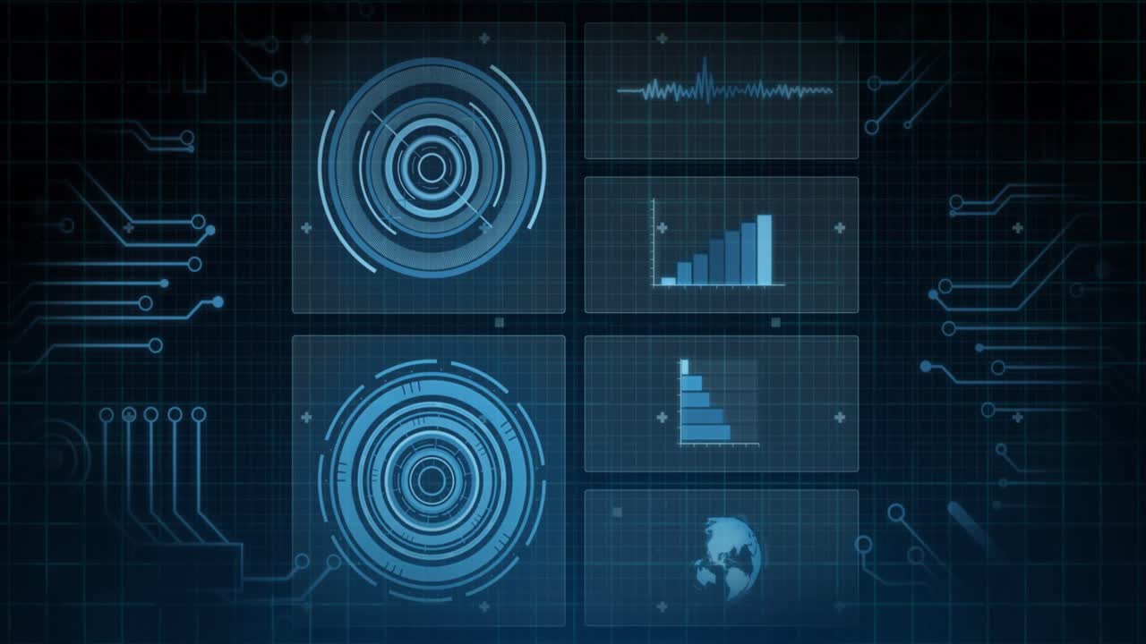Animation of scopes scanning, statistics recording and data processing over blue background