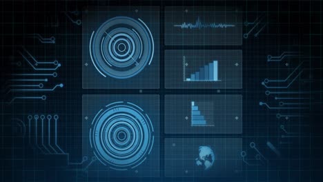 animation of scopes scanning, statistics recording and data processing over blue background