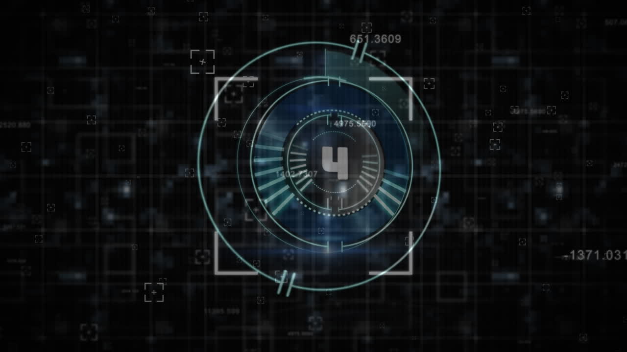 검은 배경에 대한 네온 라운드 스캐너에서 카운트다운을 통해 여러 번 변경되는 숫자