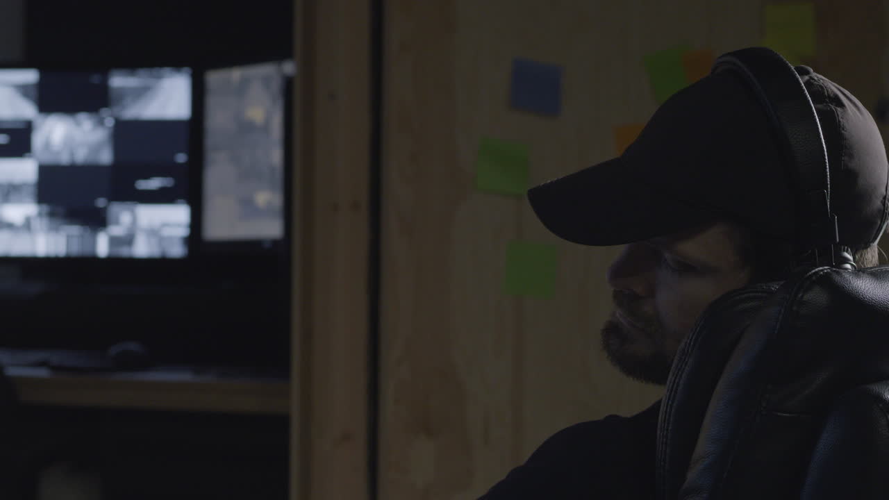 el guardia de seguridad se duerme y se despierta asustado por la alarma de vigilancia.