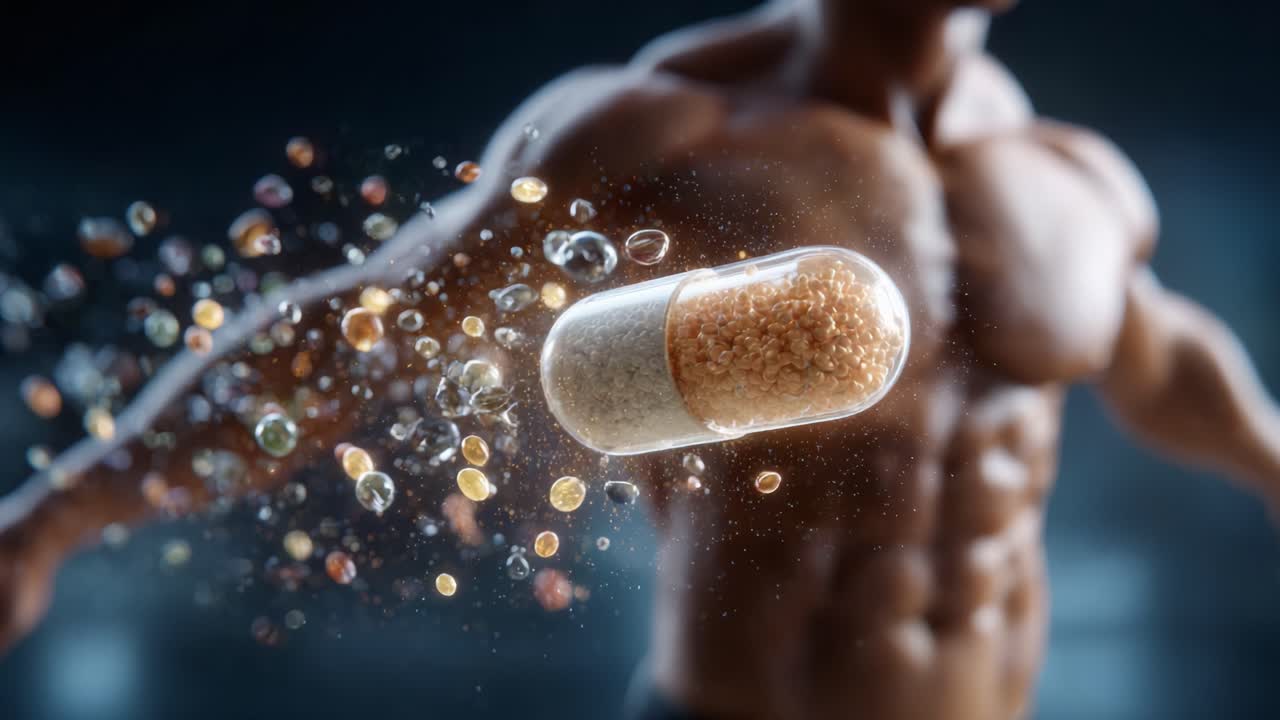Dynamic Motion of a Nutritional Capsule Surrounded by a Burst of Vibrant Tablets and Nutrients Near a Muscular Figure Emphasizing Health and Fitness