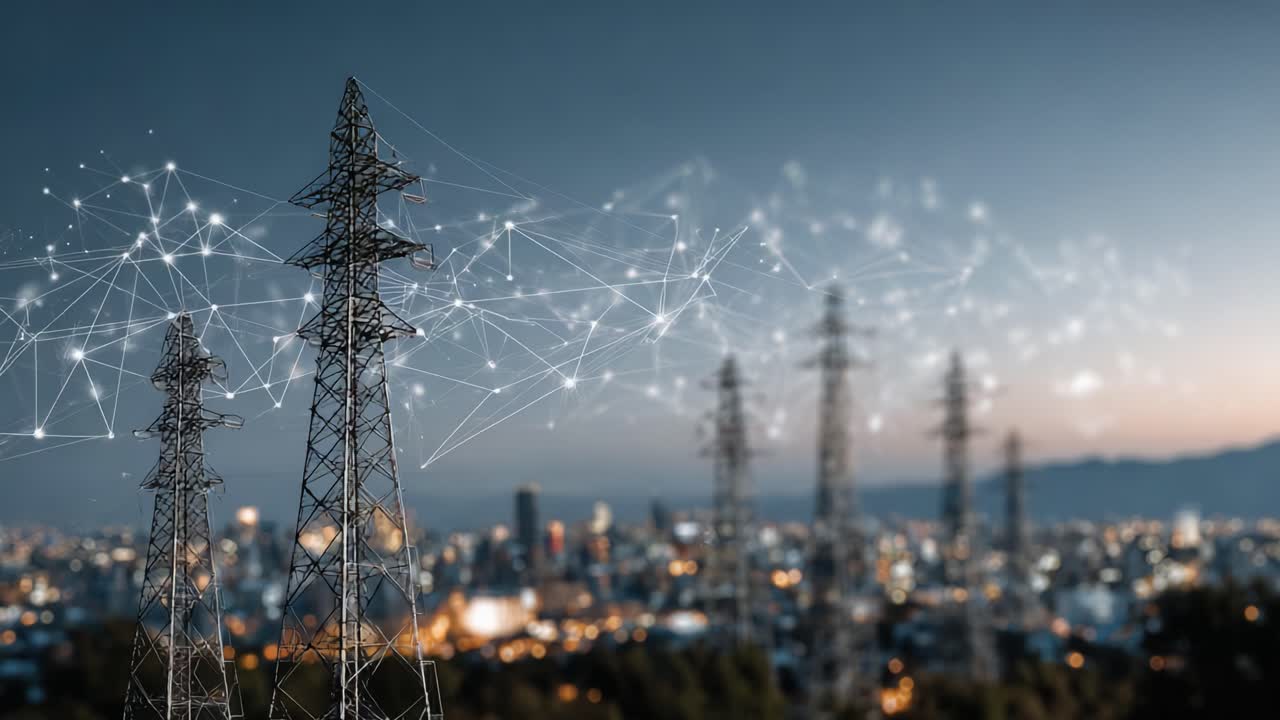 Power Transmission Towers against an Urban Skyline at Dusk, Illuminated with Connecting Networks Symbolizing Advanced Technology and Modern Energy Solutions