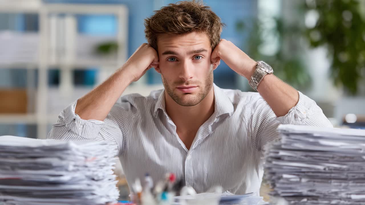 A Young Professional Appears Overwhelmed by Mounting Paperwork and Stress in a Busy Office Environment, Struggling to Manage His Responsibilities and Find Solutions