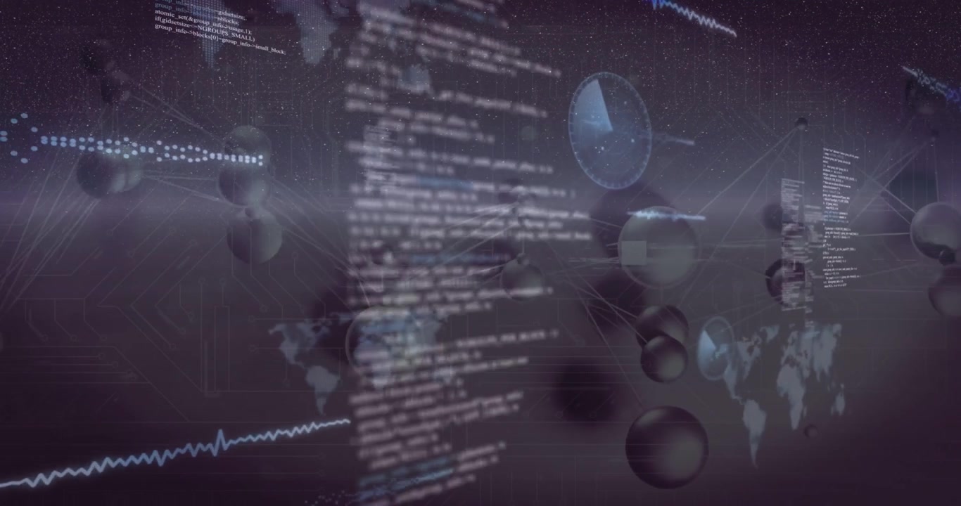 Vertical video: Entering from right, drifting spheres coalescing on midplane, revealing code panels