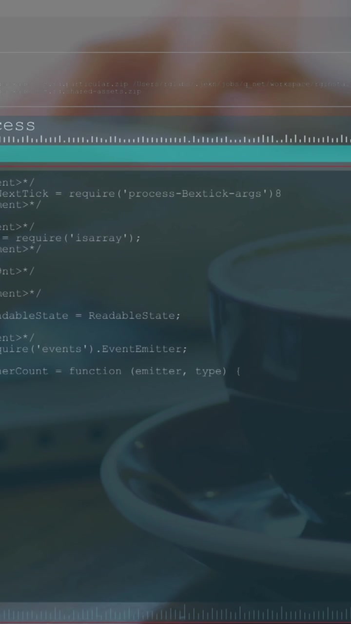 Animation of computer language and interface over coffee cup and caucasian man working on laptop