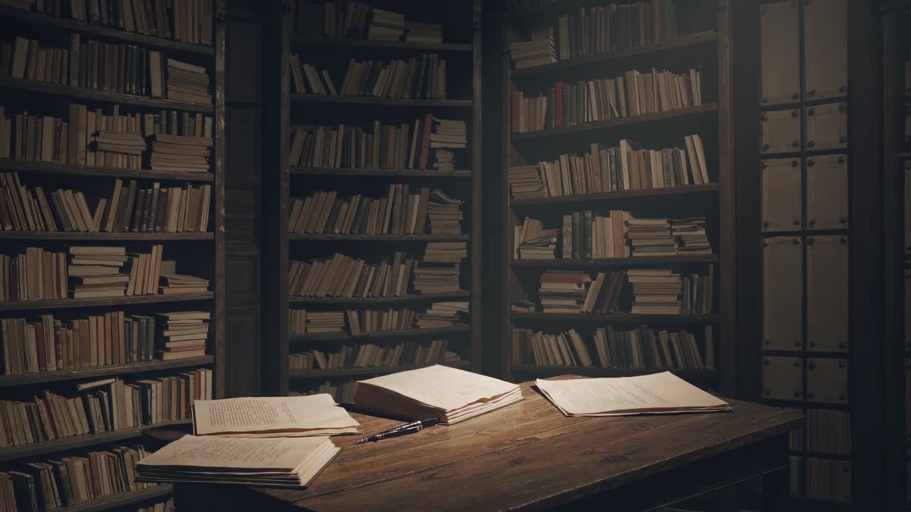 A dimly lit library with wooden shelves filled with books, captured from a low angle