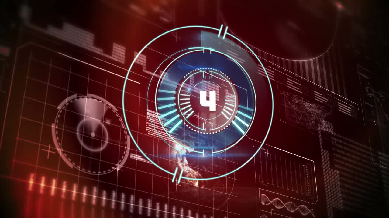 animación del escaneo del alcance con cuenta atrás sobre el procesamiento de datos sobre fondo rojo