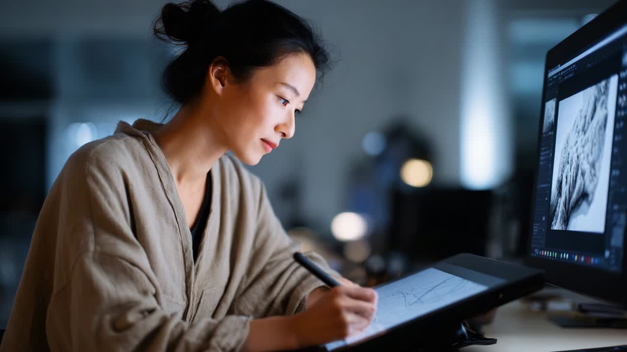 A focused artist diligently creating digital illustrations during the night in a cozy workspace, combining creativity and technology to produce stunning artwork with a stylus and graphics tablet