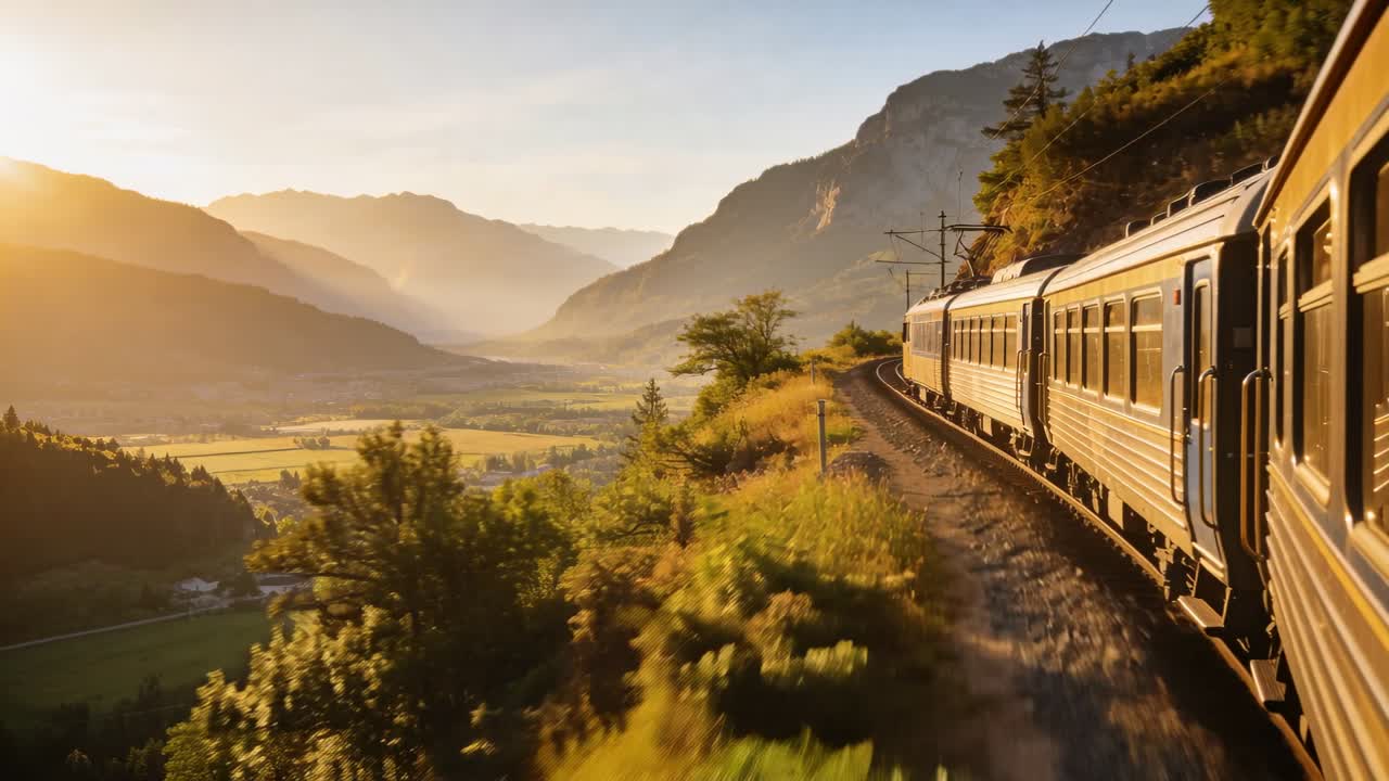 Treno passeggeri in curva a destra su tratta alpina, inquadratura che segue, con catenaria e spazio per testo.