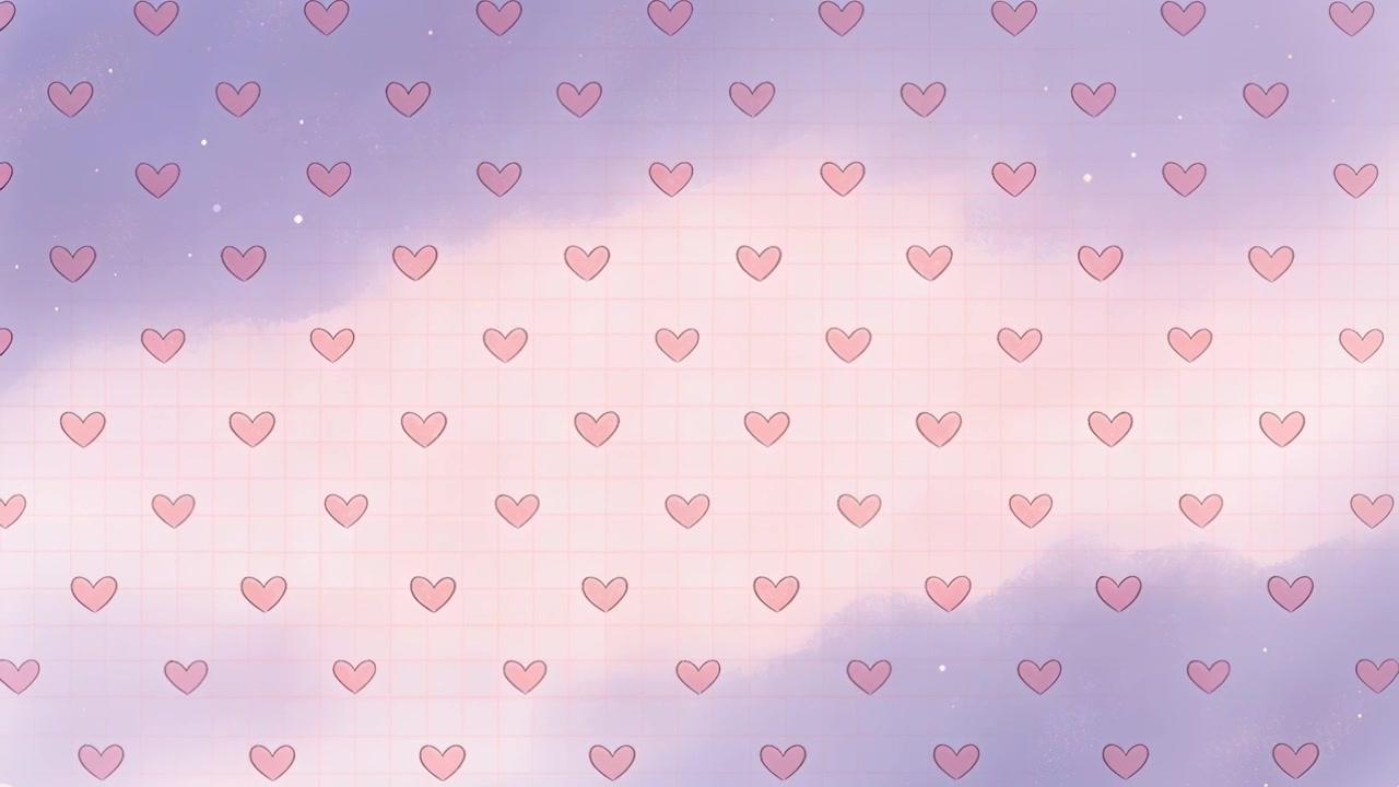 Playing pink heart grid hovering over pastel clouds, sparkles twinkling, forming backdrop