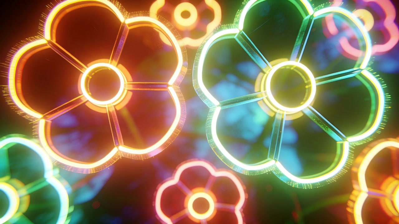 Sequence starting neon flower cluster pulsing and camera pulling back revealing more glowing rings
