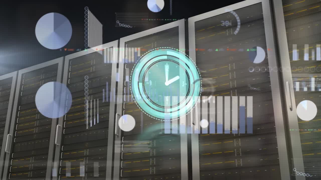 Animation of clock, graphs and trading boars over server rack against abstract background