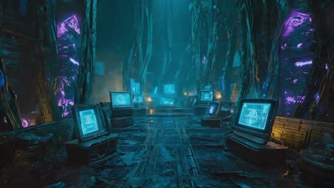 futuristic abandoned control room with glowing screens and alien tech