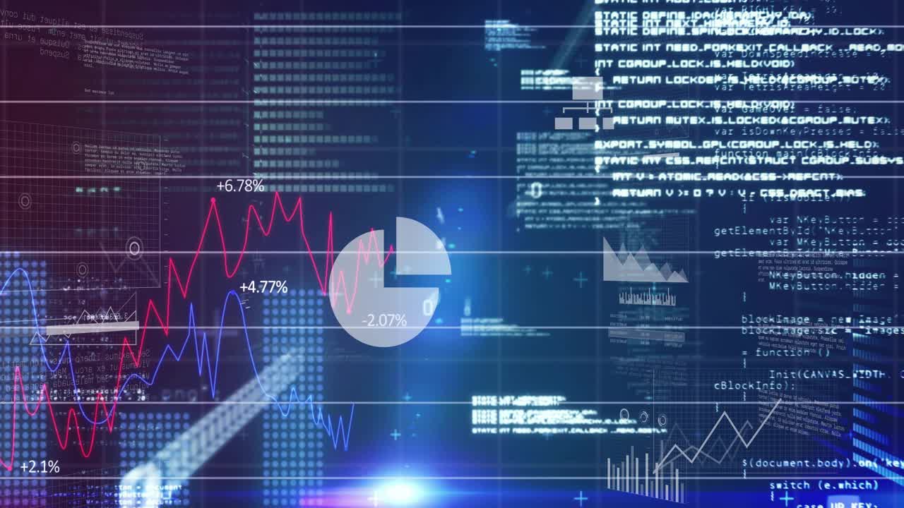 Fading monitor frame triggers graphs sliding, bars rising and pie displaying, revealing metrics