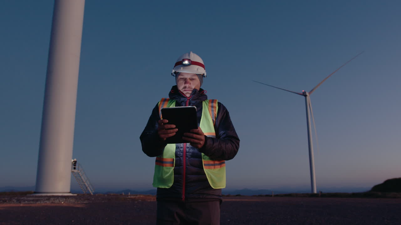 Renewable Energy Engineer Inspecting Wind Turbines with Tablet