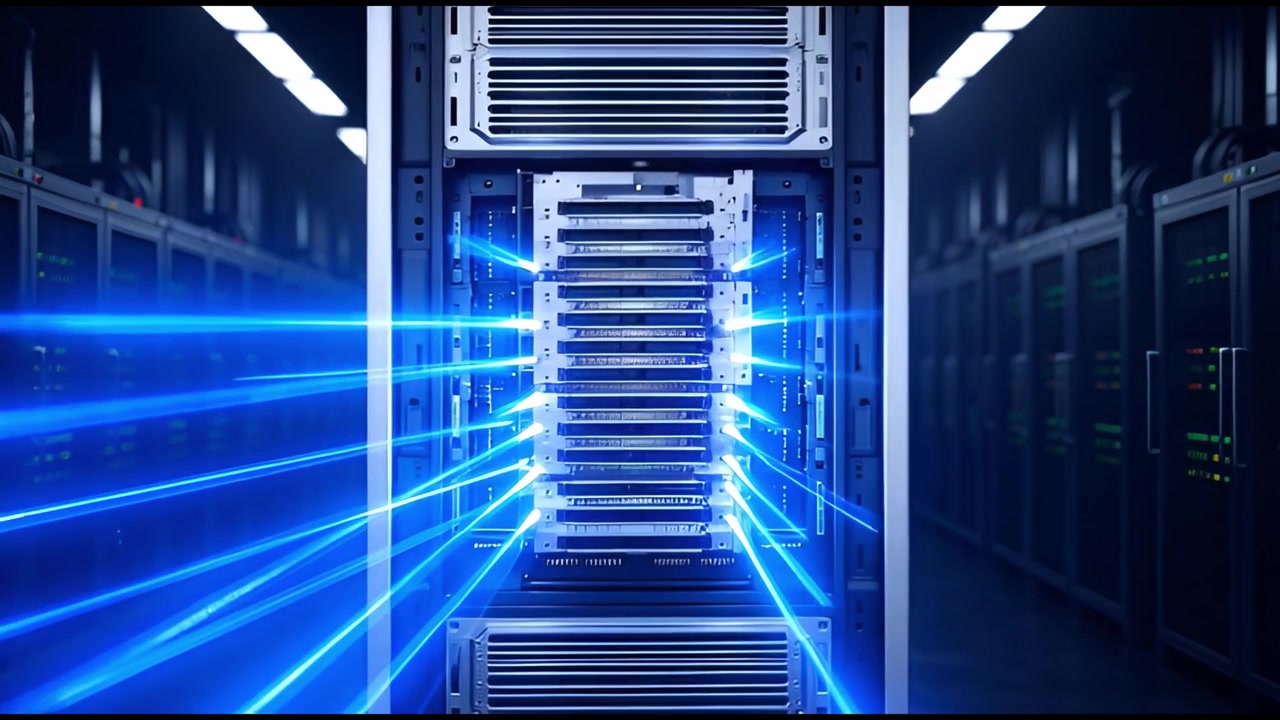 Blue Light Rays Emanating from Server Rack in Data Center