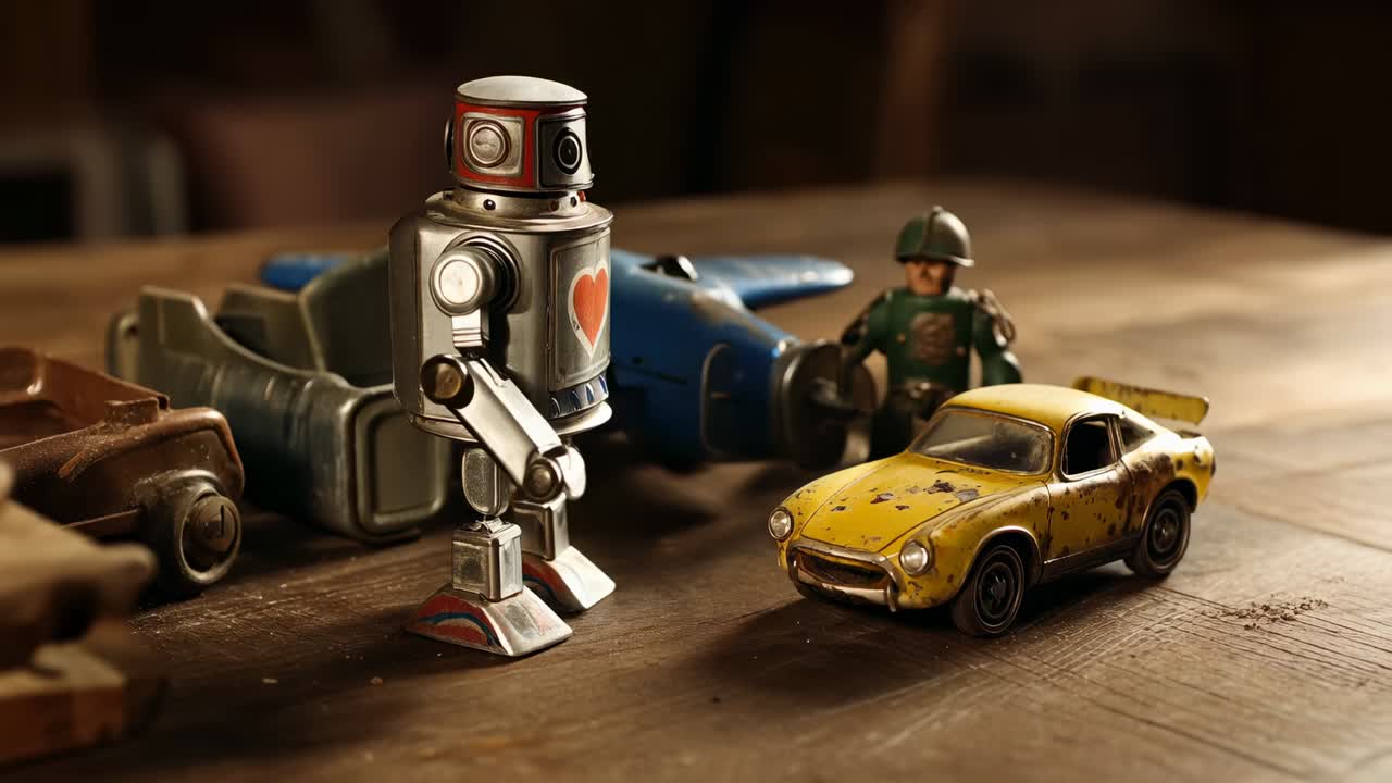 モーターで作動するロボットが木製のテーブルトップを歩き、黄色い車と緑の兵士に近づいています。