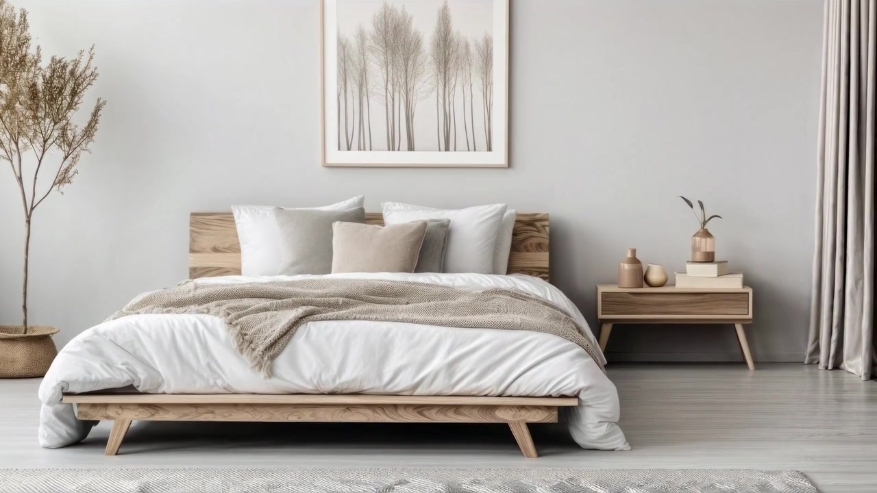 Interno di camera da letto moderna e minimalista con struttura del letto in legno