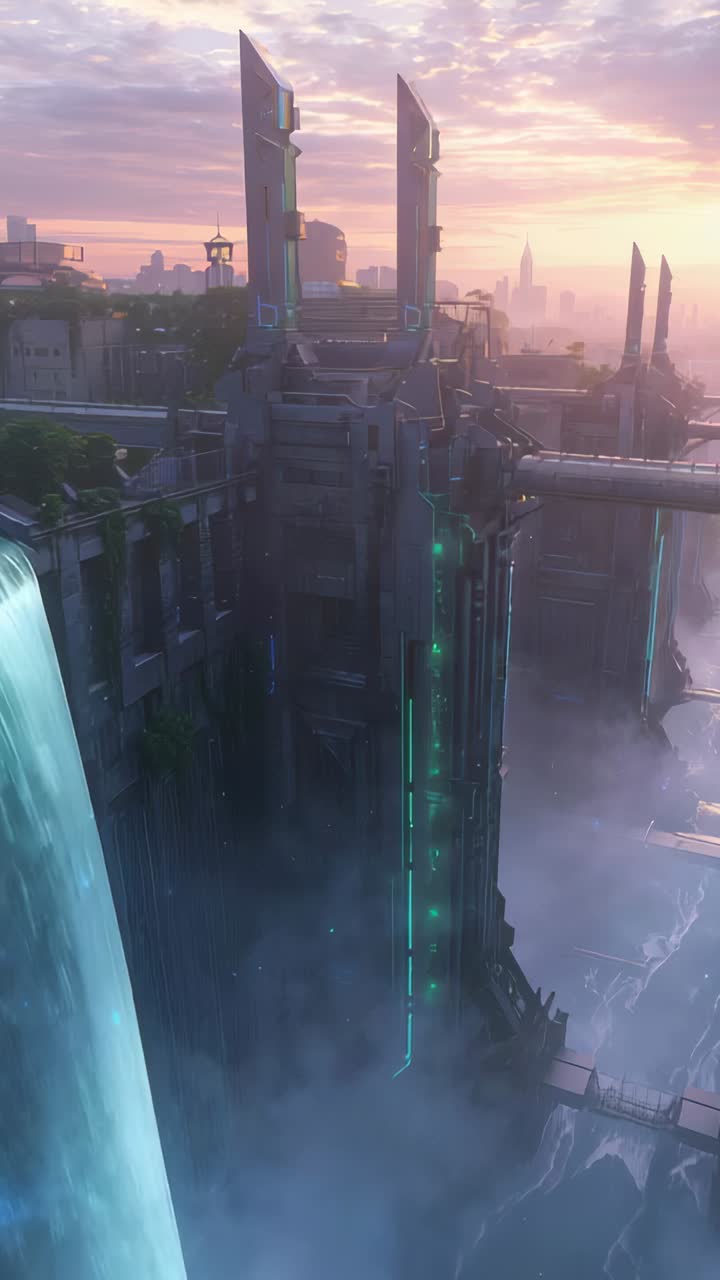 Vertical video: Panning camera revealing cliffside structure with teal lights and waterfall at dawn