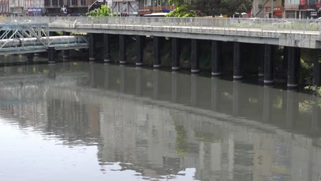 city river with bridge and pollution