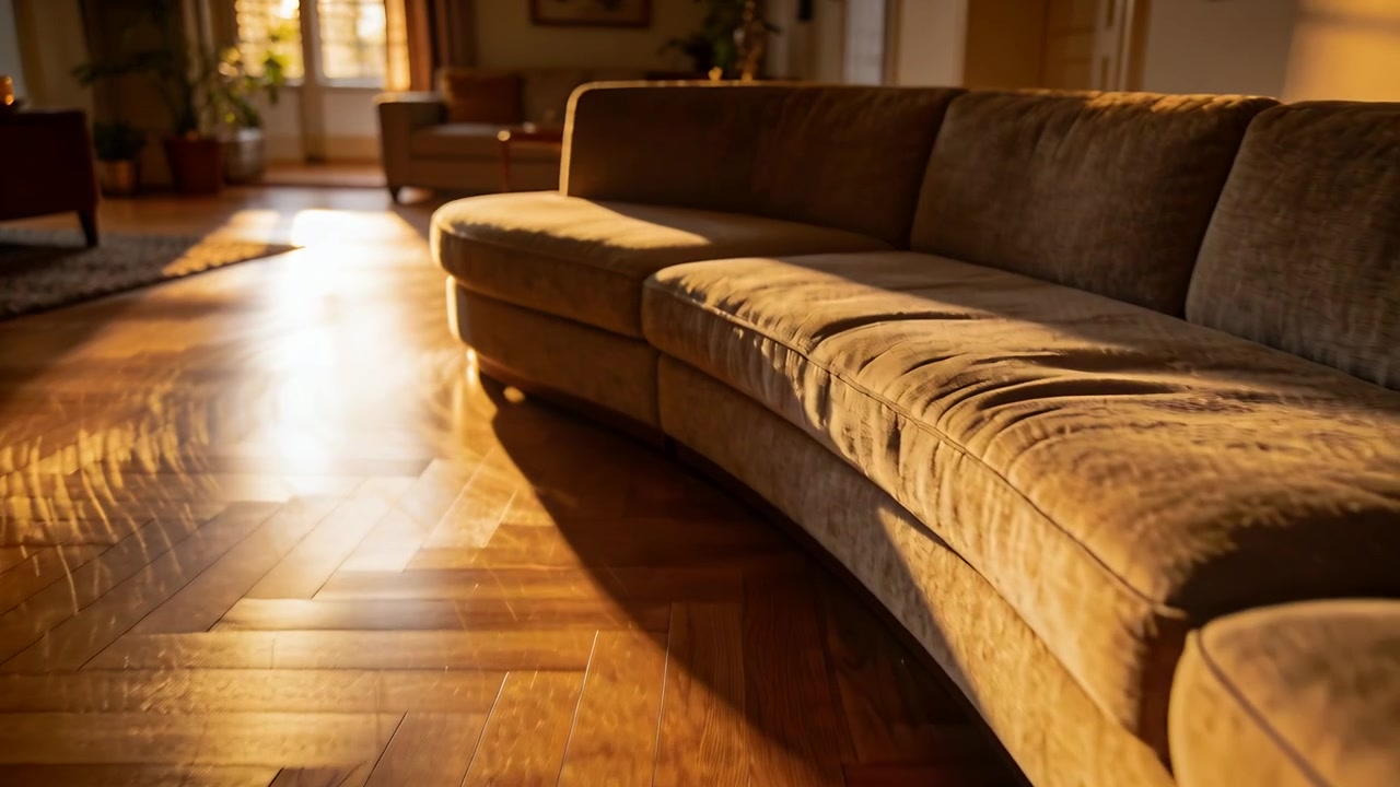 Dolly gliding low along parquet floor toward curved sectional sofa in living room, revealing seams
