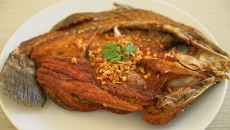 fried sea bass fish with garlic on plate