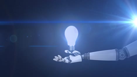 animation of light bulb over hand of robot arm, with moving light on dark background